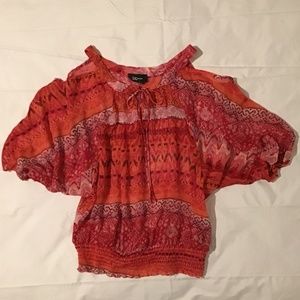 Orange print cold shoulder chiffon blouse top